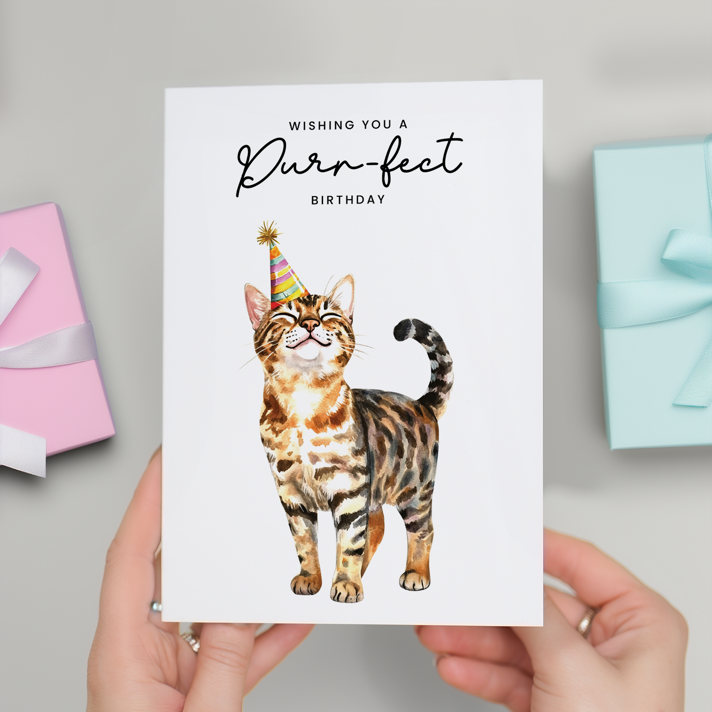 Bengal Cat Birthday Card – Cute Cat Lover Card with Party Hat – Purr-fect Birthday Greeting Card for Cat Owners