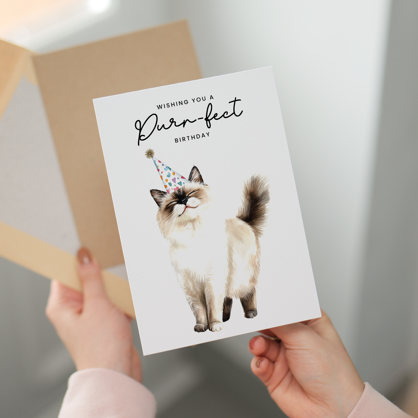Ragdoll Cat Birthday Card – Cute Cat Lover Card with Party Hat – Purr-fect Birthday Greeting Card for Cat Owners