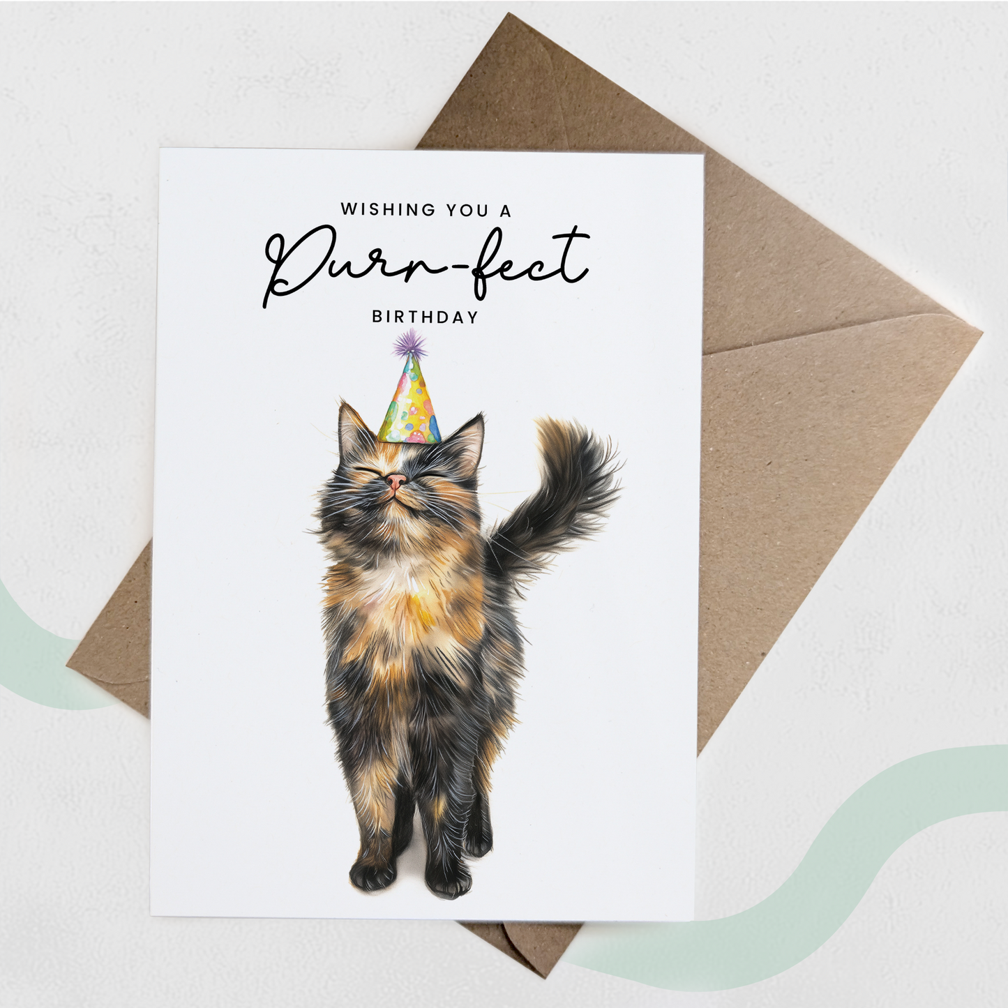 Tortoiseshell Cat Birthday Card – Cute Cat Lover Card with Party Hat – Purr-fect Birthday Greeting Card for Cat Owners