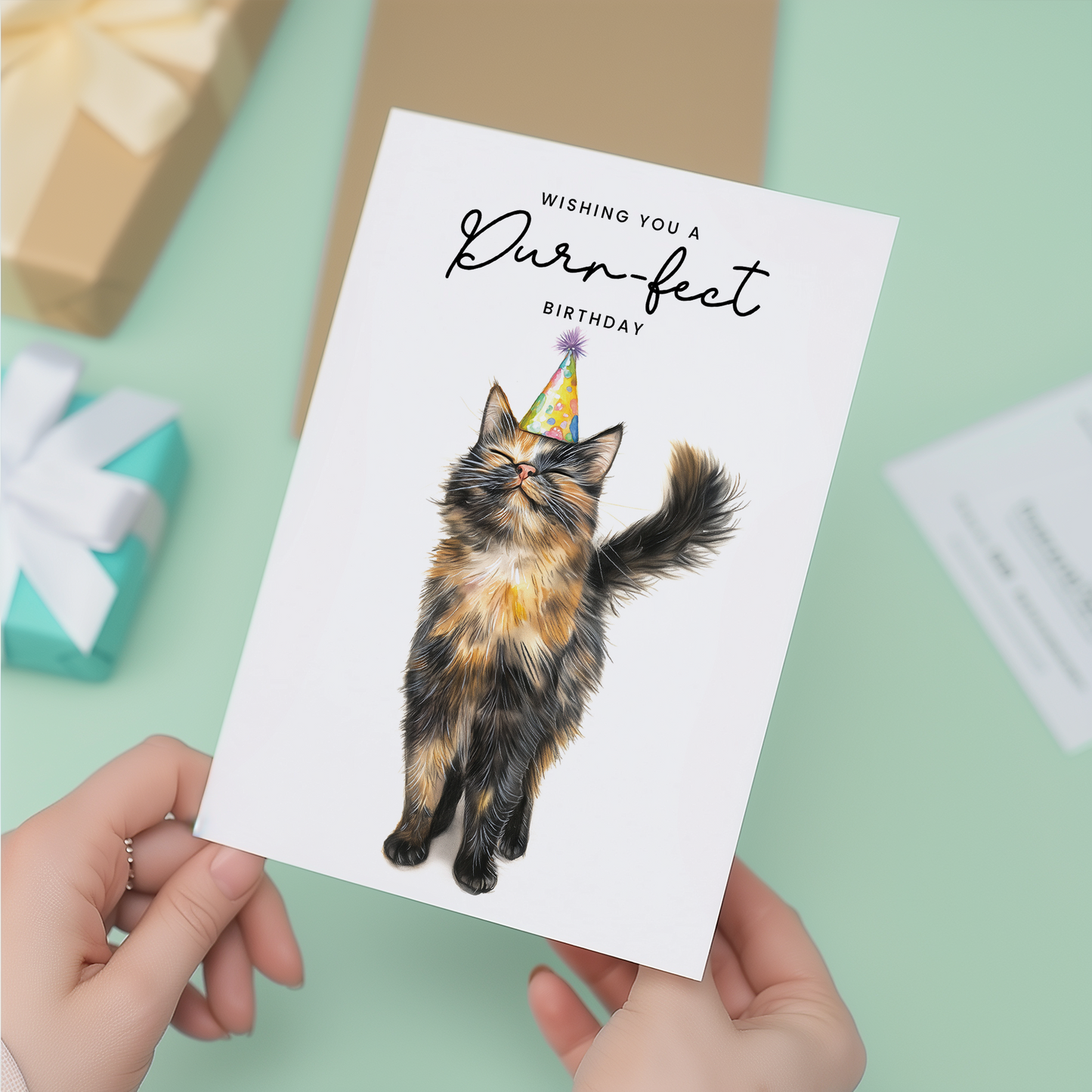 Tortoiseshell Cat Birthday Card – Cute Cat Lover Card with Party Hat – Purr-fect Birthday Greeting Card for Cat Owners