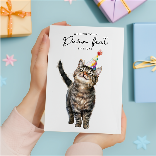 Brown Tabby Cat Birthday Card – Cute Cat Lover Card with Party Hat – Purr-fect Birthday Greeting Card for Cat Owners