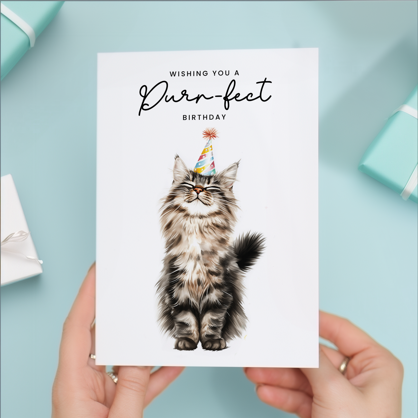 Maine Coon Cat Birthday Card – Cute Cat Lover Card with Party Hat – Purr-fect Birthday Greeting Card for Cat Owners