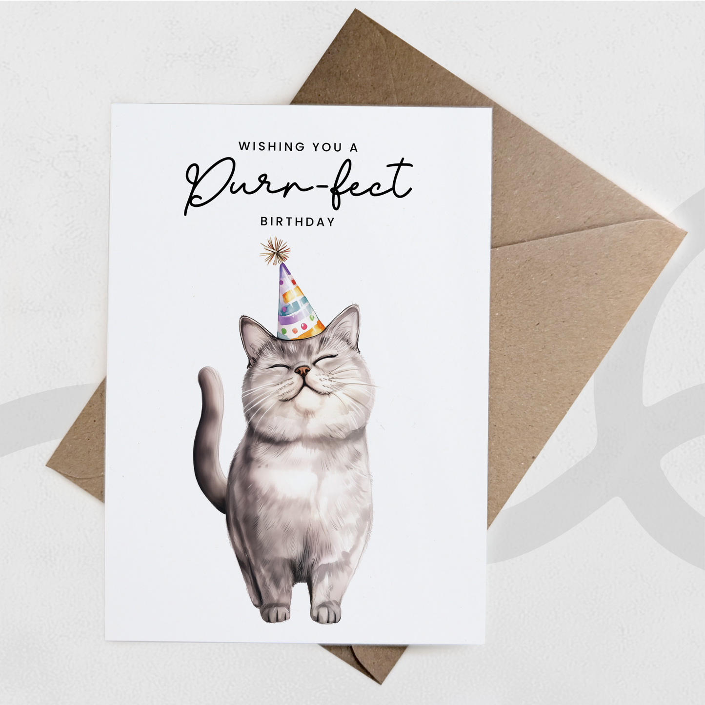 British Shorthair Cat Birthday Card – Cute Cat Lover Card with Party Hat – Purr-fect Birthday Greeting Card for Cat Owners