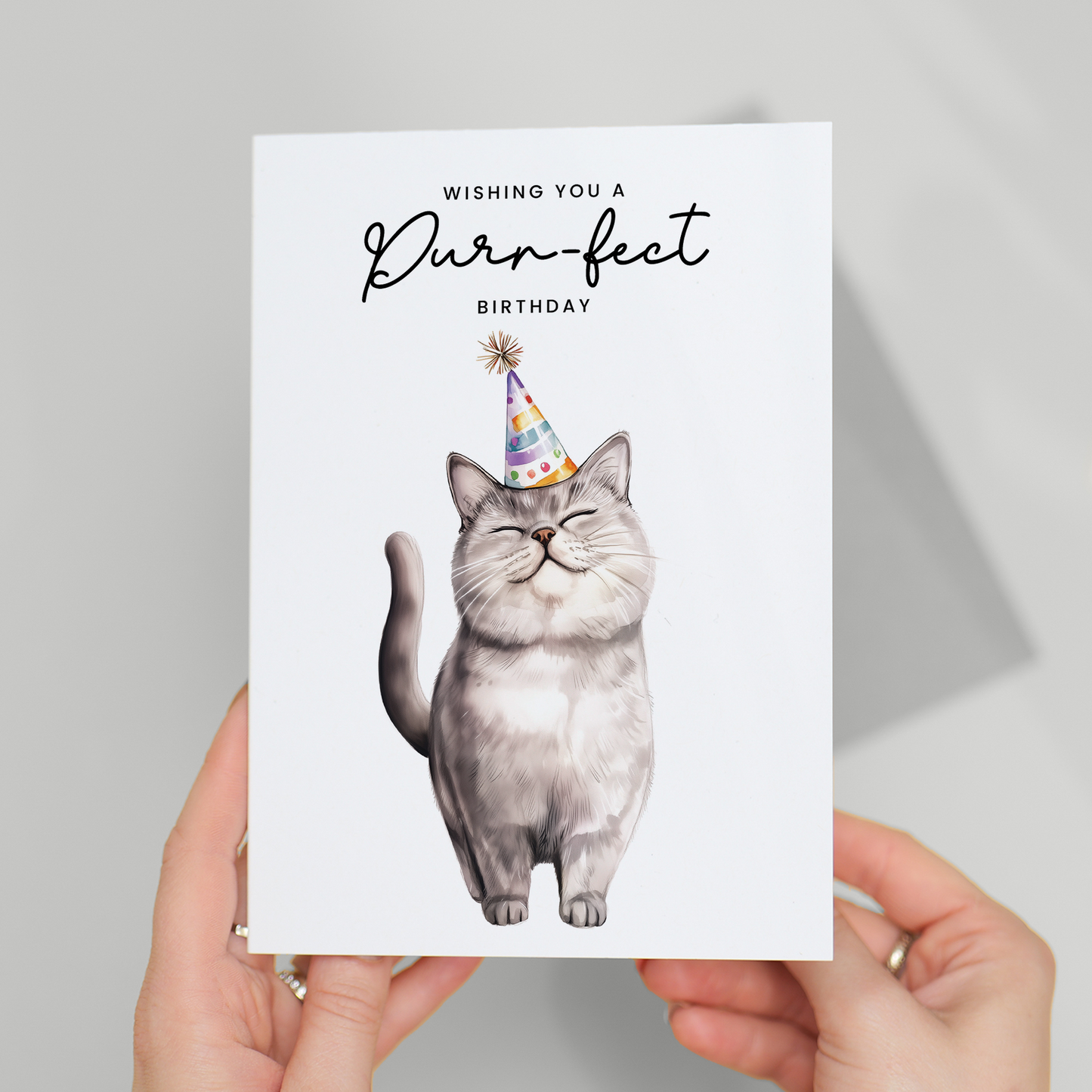 British Shorthair Cat Birthday Card – Cute Cat Lover Card with Party Hat – Purr-fect Birthday Greeting Card for Cat Owners