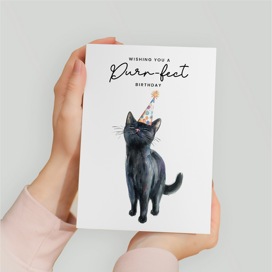 Black Cat Birthday Card – Cute Cat Lover Card with Party Hat – Purr-fect Birthday Greeting Card for Cat Owners