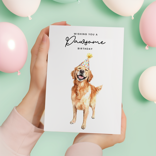 Golden Retriever Birthday Card – Cute Dog Lover Card with Party Hat – Pawsome Birthday Greeting Card for Dog Owners