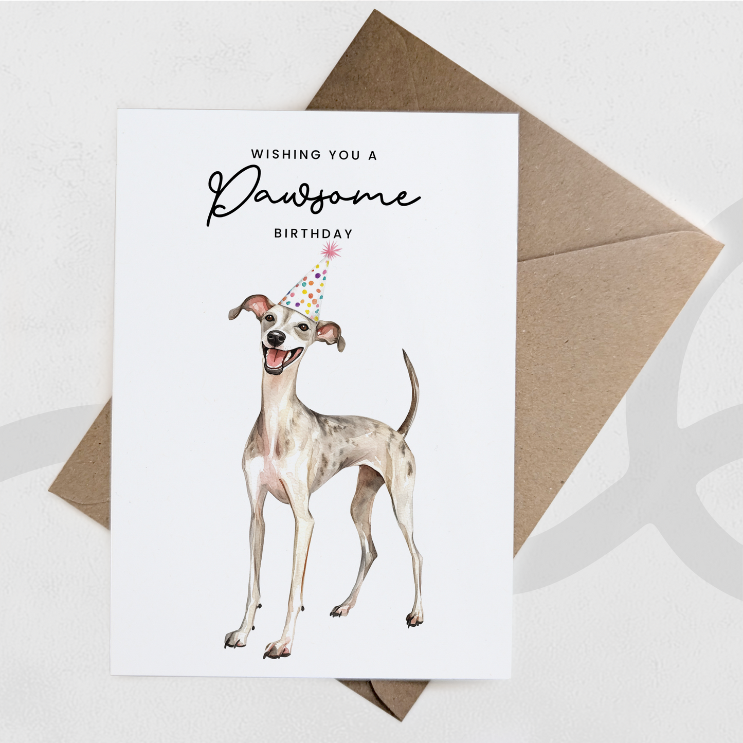 Whippet Birthday Card – Cute Dog Lover Card with Party Hat – Pawsome Birthday Greeting Card for Dog Owners