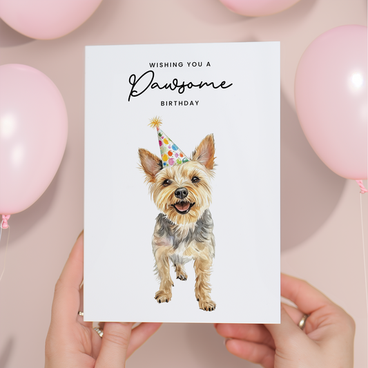 Yorkshire Terrier Birthday Card – Cute Dog Lover Card with Party Hat – Pawsome Birthday Greeting Card for Dog Owners