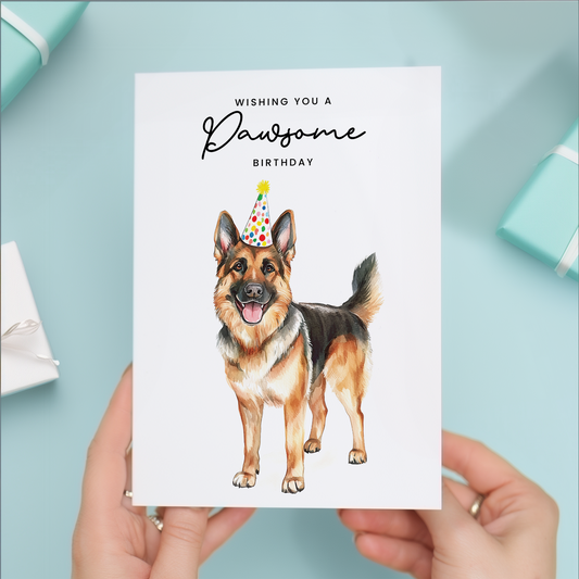 German Shepherd Birthday Card – Cute Dog Lover Card with Party Hat – Pawsome Birthday Greeting Card for Dog Owners