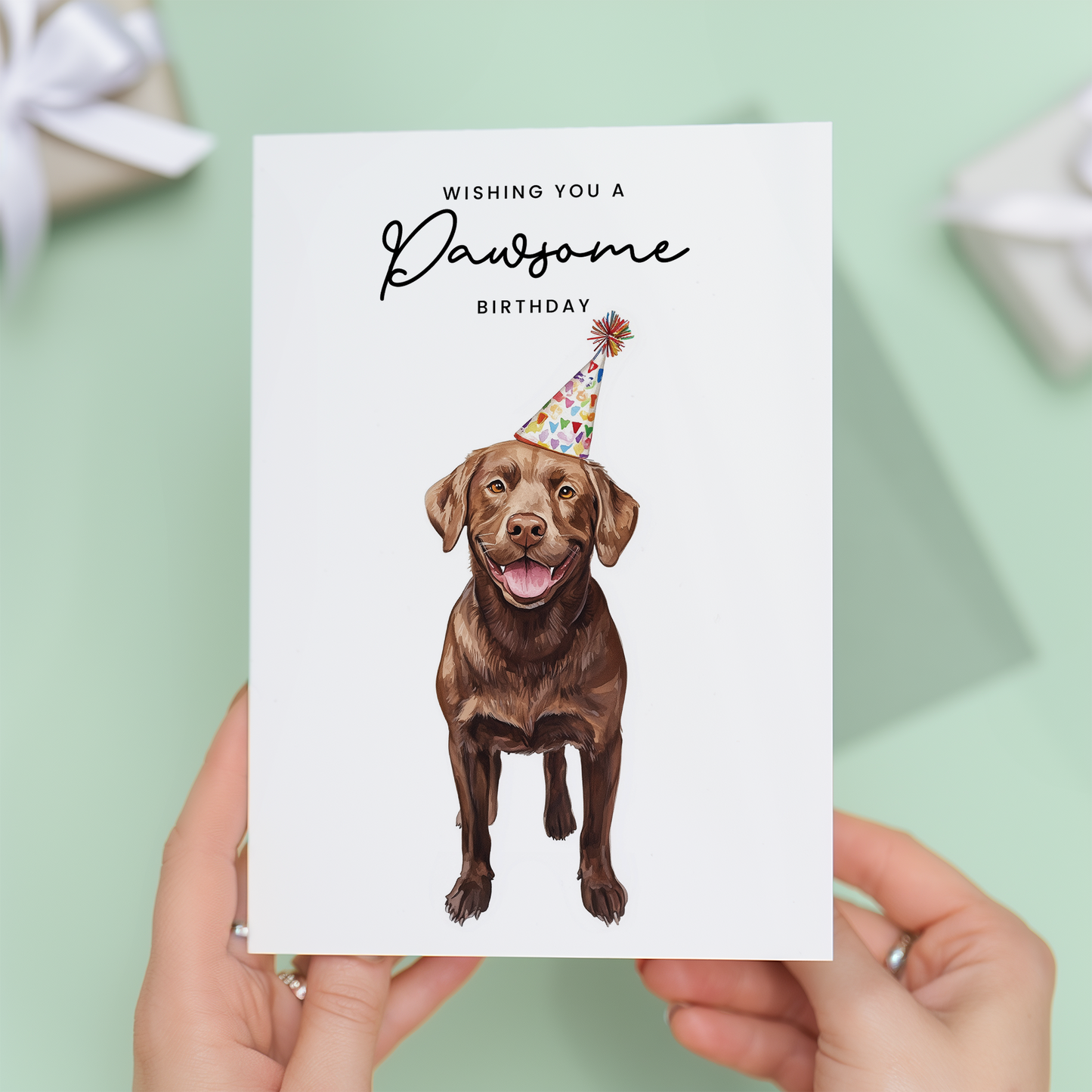 Chocolate Labrador Birthday Card – Cute Dog Lover Card with Party Hat – Pawsome Birthday Greeting Card for Dog Owners