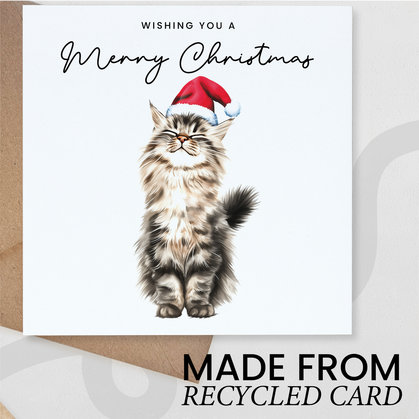 Fluffy Cat Christmas Card – Maine Coon Cat Lover Card – Eco Friendly “Merry Christmas” Card – Cute Pet Holiday Card