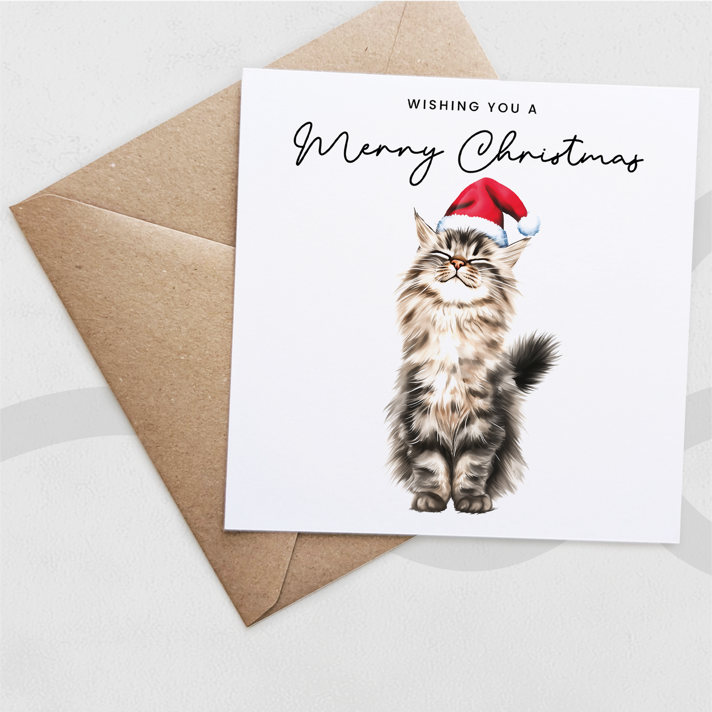 Fluffy Cat Christmas Card – Maine Coon Cat Lover Card – Eco Friendly “Merry Christmas” Card – Cute Pet Holiday Card