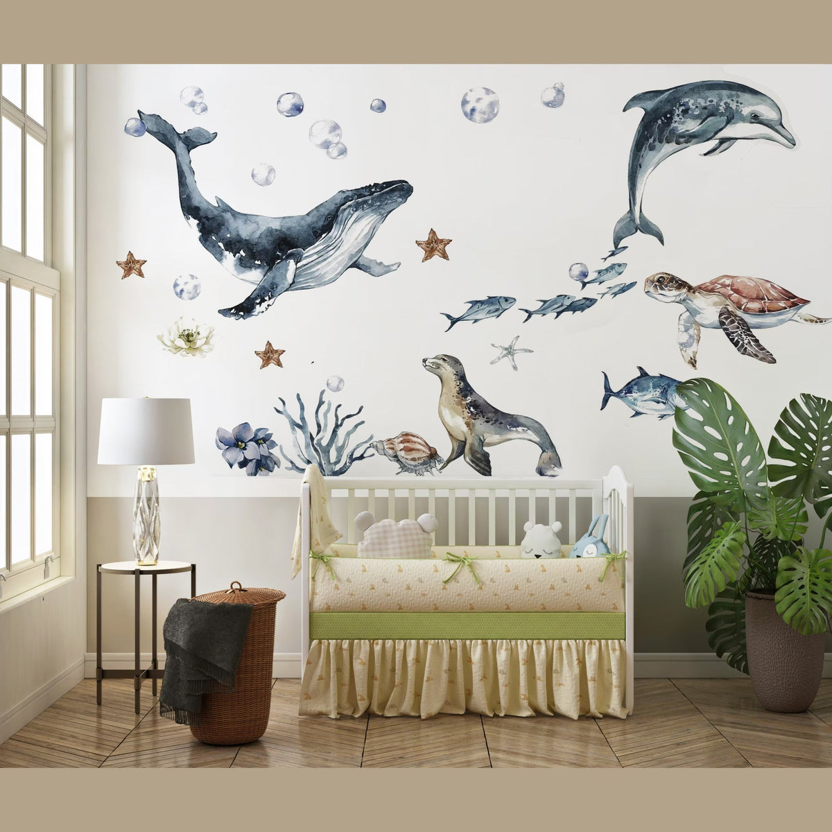 Ocean Animals Wall Decals | Whale, Dolphin, Turtle & Seal | Watercolour Nursery Set