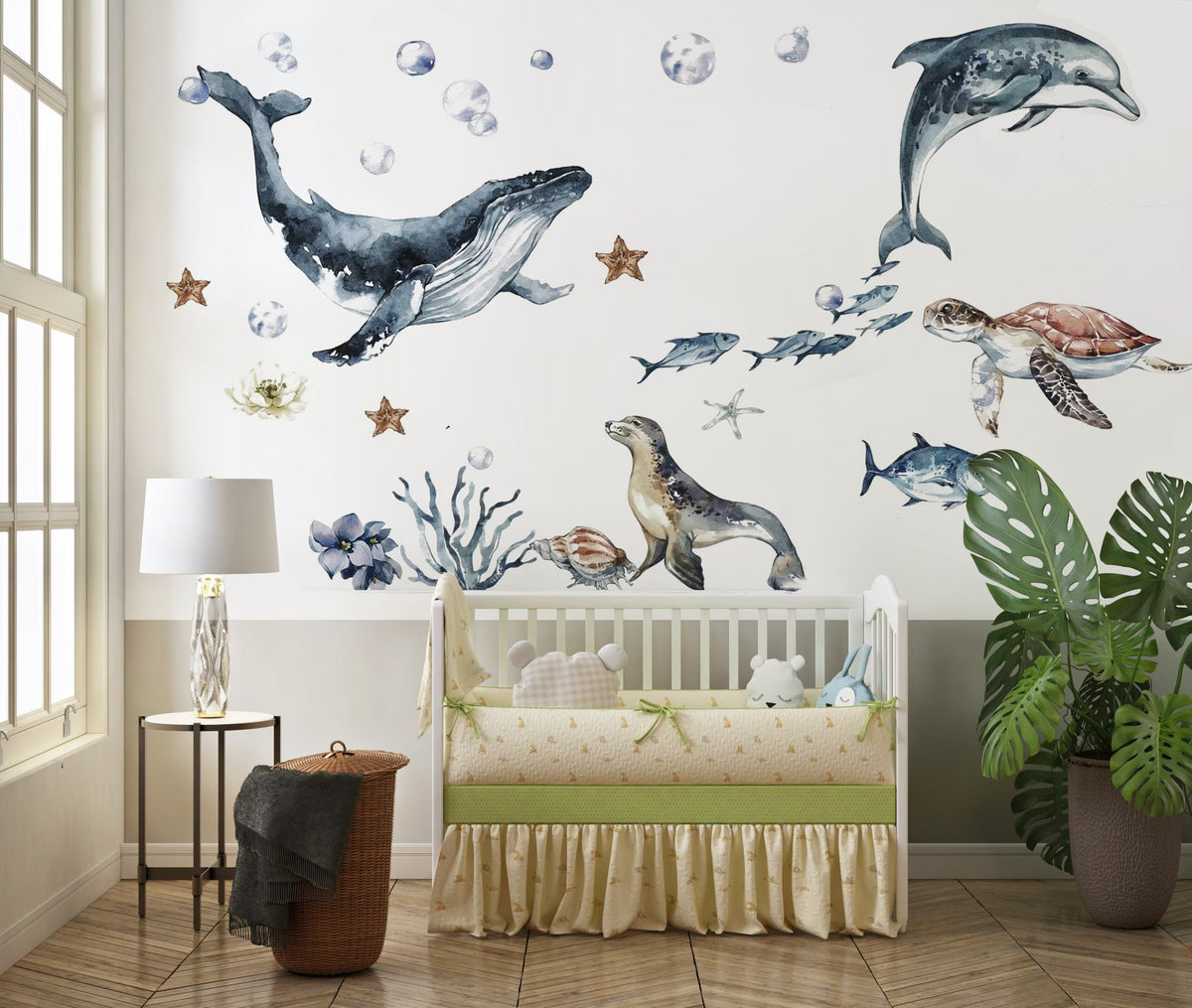 Ocean Animals Wall Decals | Whale, Dolphin, Turtle & Seal | Watercolour Nursery Set