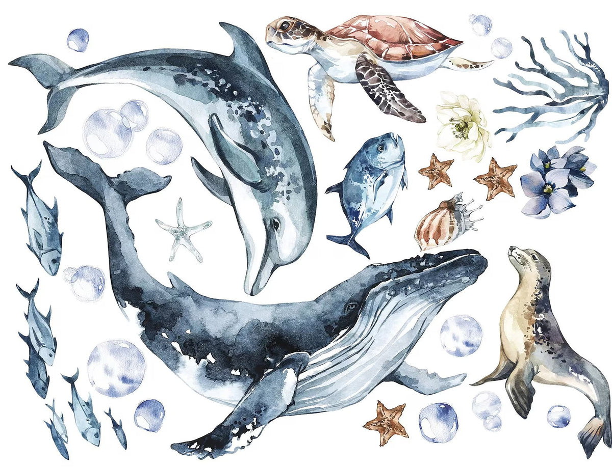 Ocean Animals Wall Decals | Whale, Dolphin, Turtle & Seal | Watercolour Nursery Set