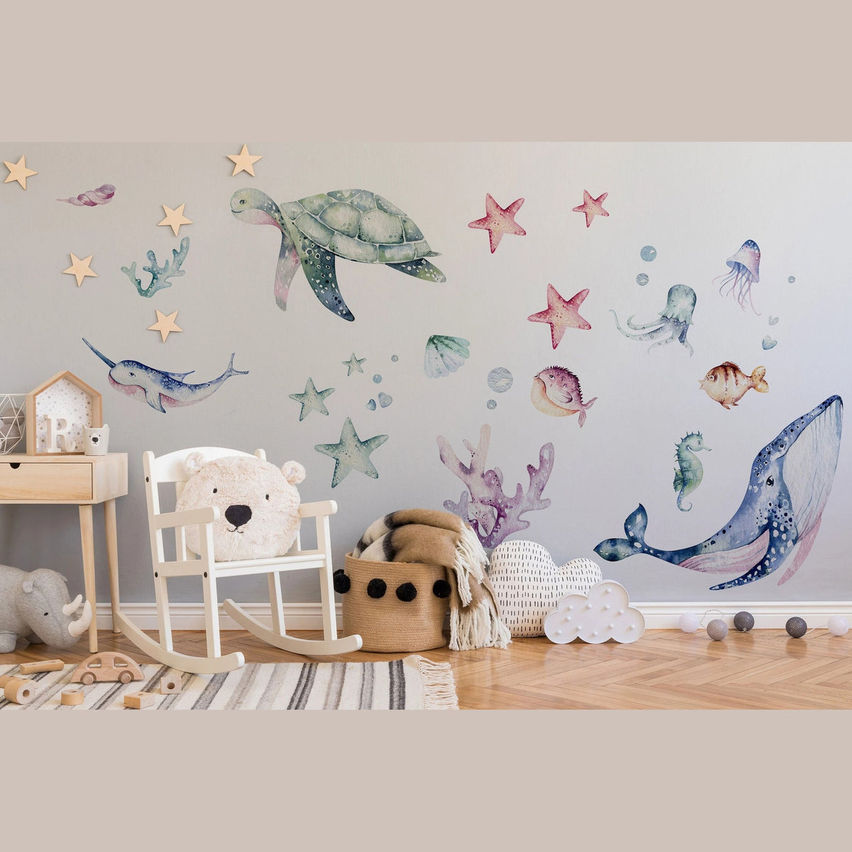 Ocean Wall Decal - Watercolour Sea Life Stickers - Colourful Ocean Theme