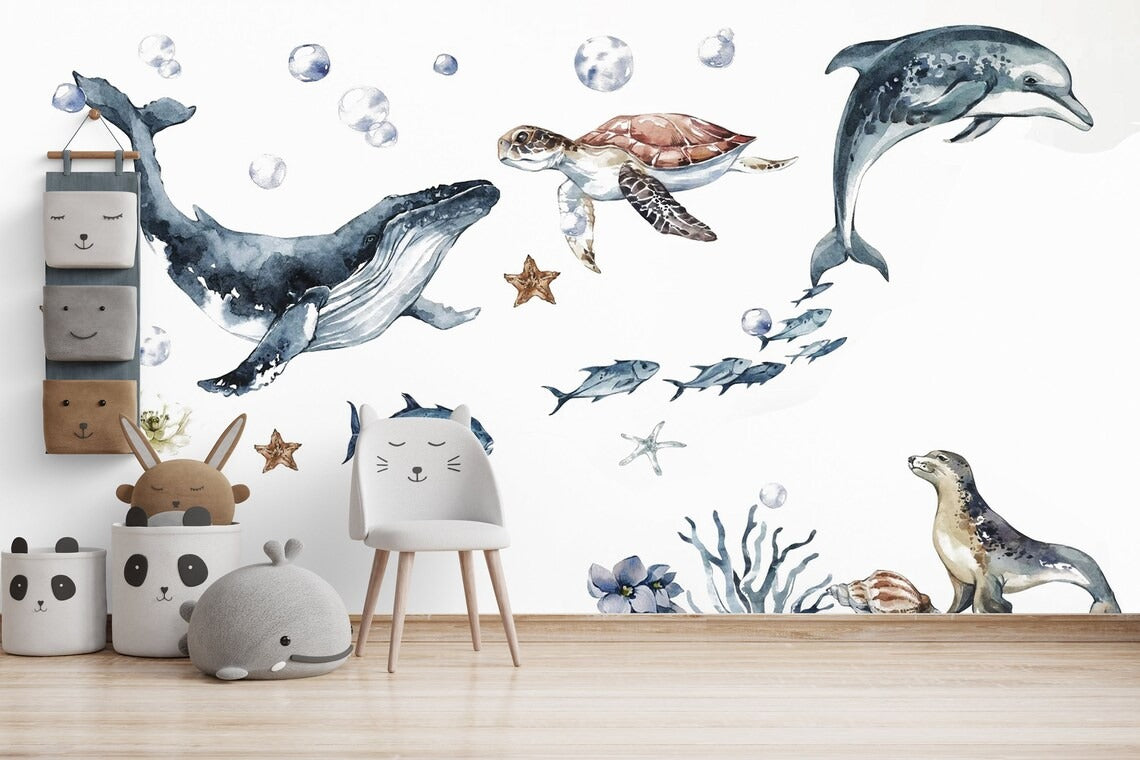 Ocean Animals Wall Decals | Whale, Dolphin, Turtle & Seal | Watercolour Nursery Set