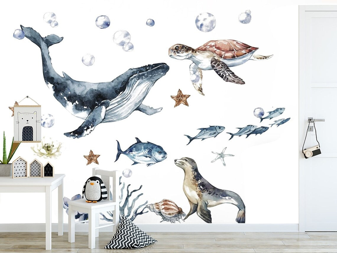Ocean Animals Wall Decals | Whale, Dolphin, Turtle & Seal | Watercolour Nursery Set