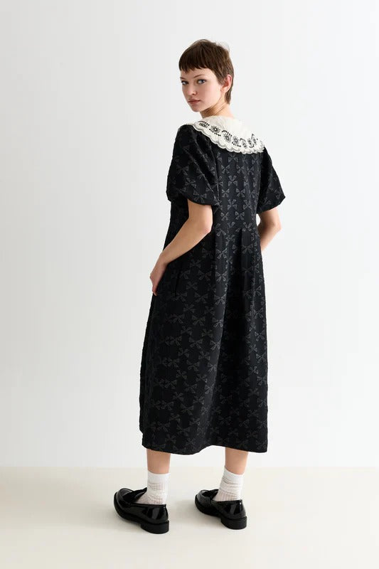 Iris Bow Black Jacquard White Embroidered Collar Midi Dress