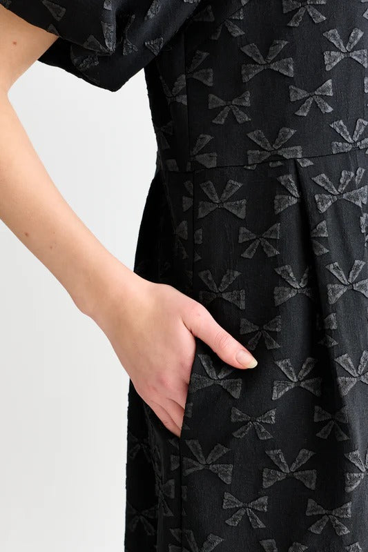 Iris Bow Black Jacquard White Embroidered Collar Midi Dress