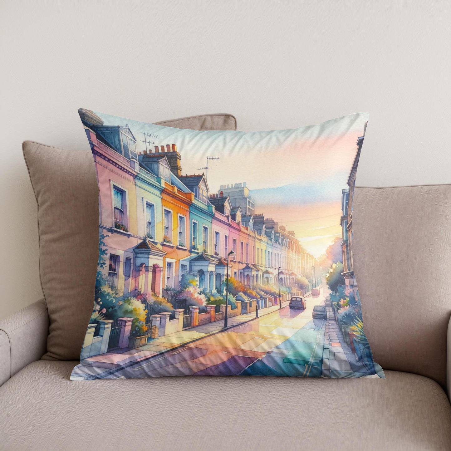 London Notting Hill Morning Watercolor Cotton Cushion
