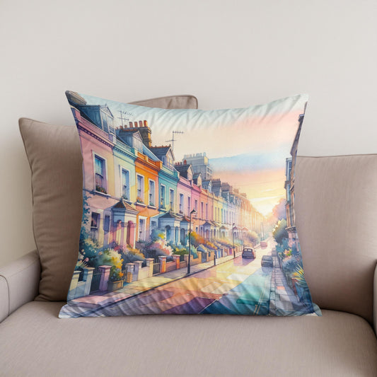 London Notting Hill Morning Watercolor Cotton Cushion