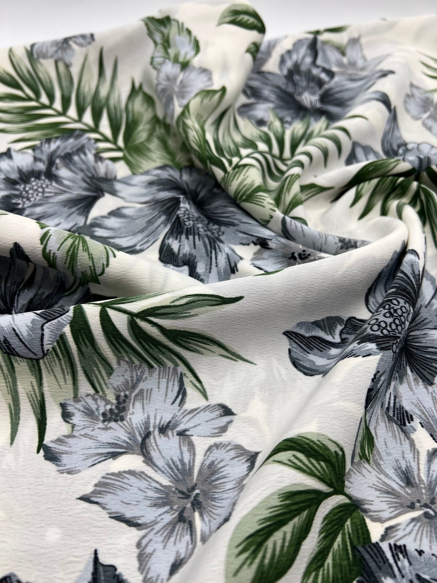 Ivory Blue Leaf Floral Lightweight Non Stretch Woven Fabric