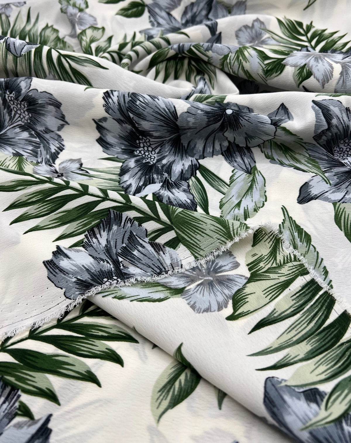 Ivory Blue Leaf Floral Lightweight Non Stretch Woven Fabric