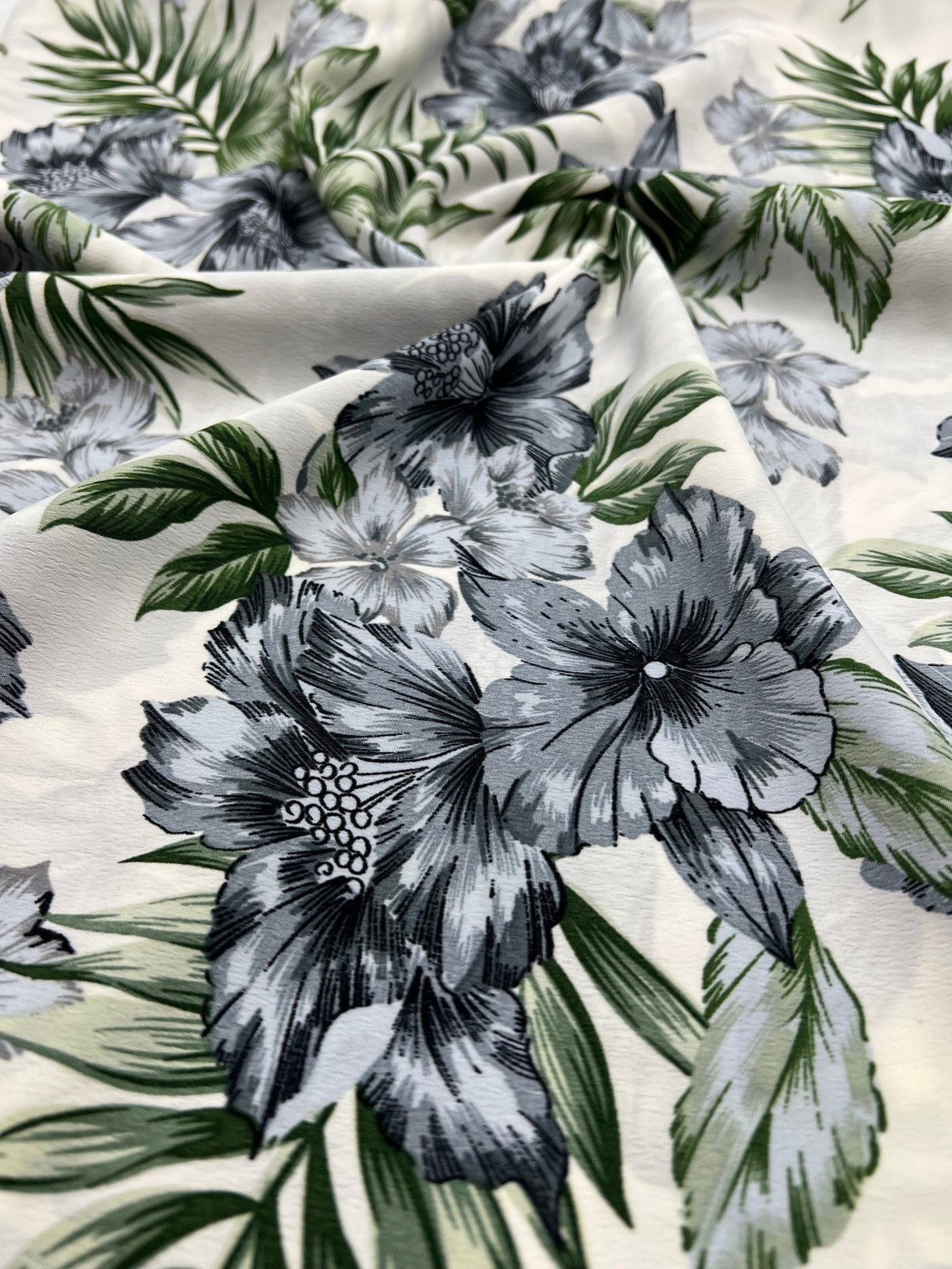 Ivory Blue Leaf Floral Lightweight Non Stretch Woven Fabric
