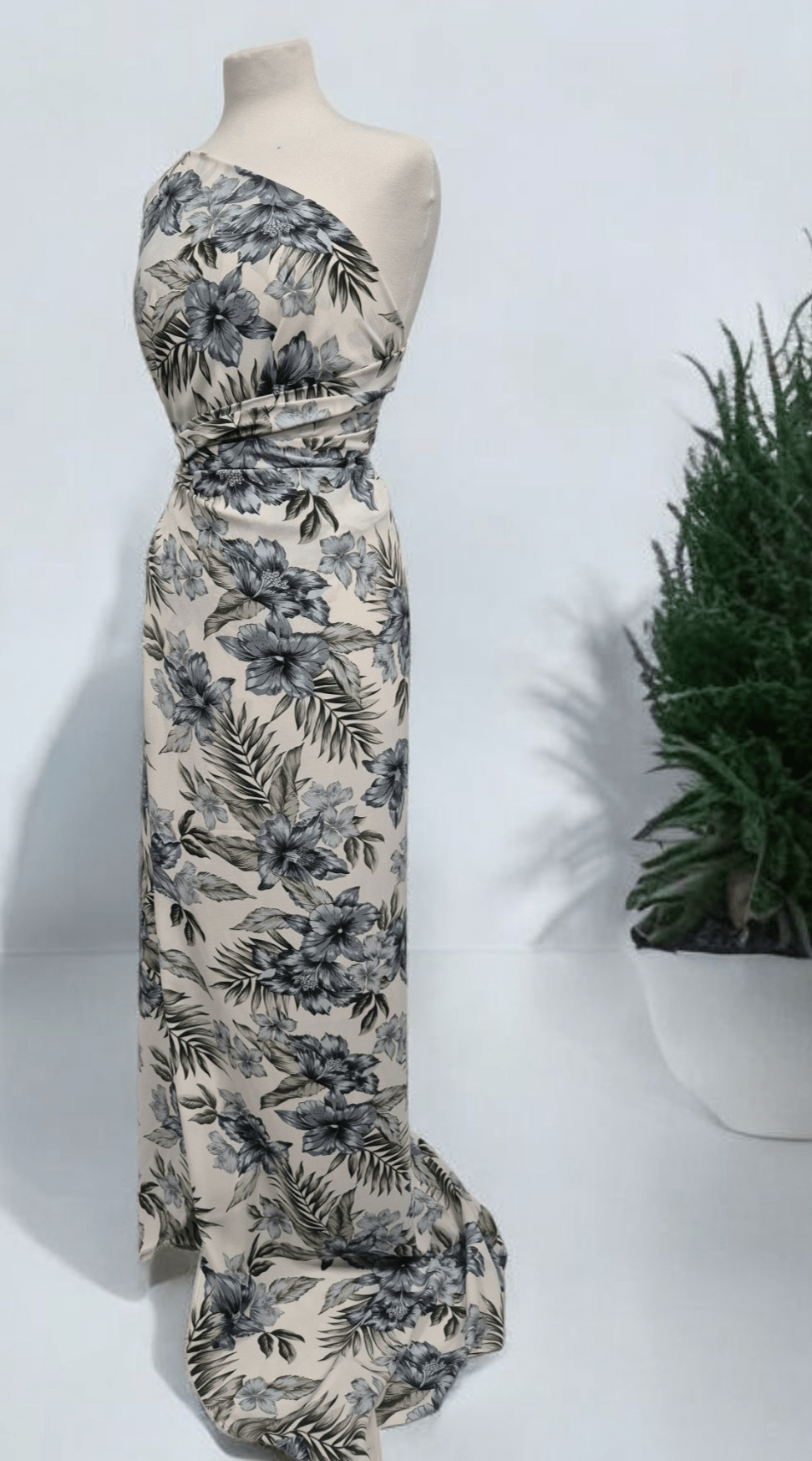 Ivory Blue Leaf Floral Lightweight Non Stretch Woven Fabric