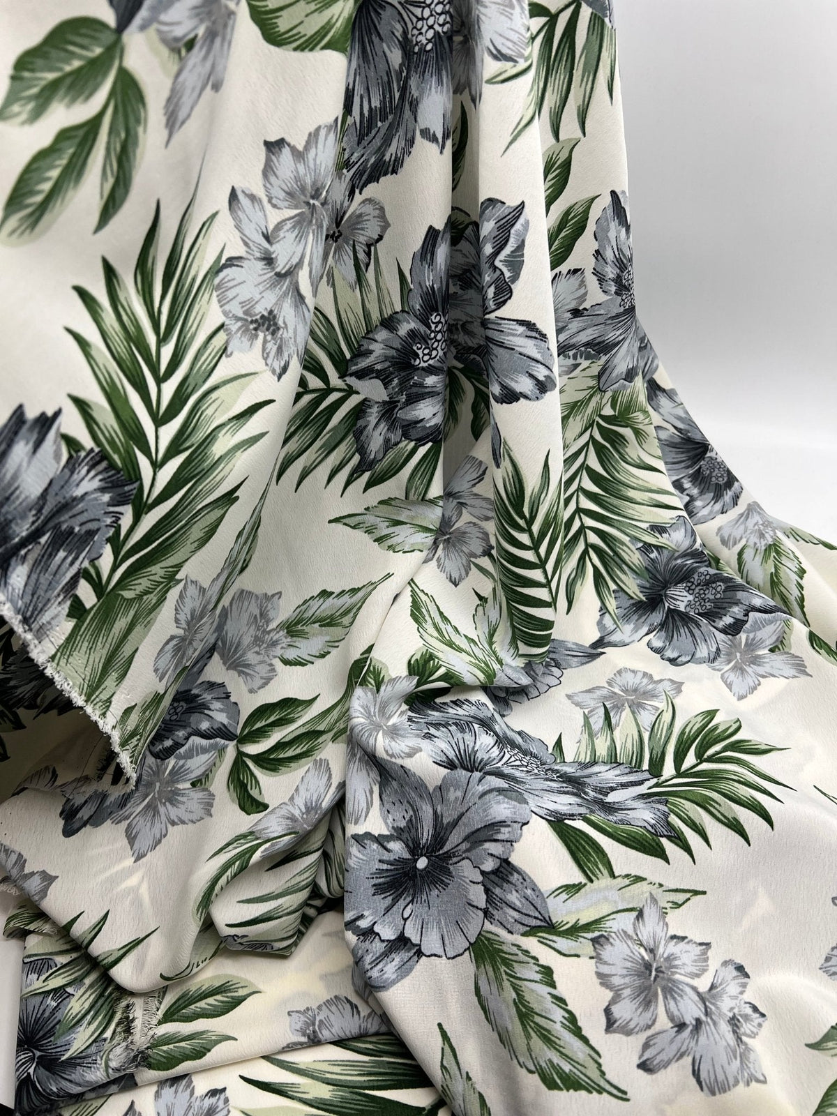 Ivory Blue Leaf Floral Lightweight Non Stretch Woven Fabric