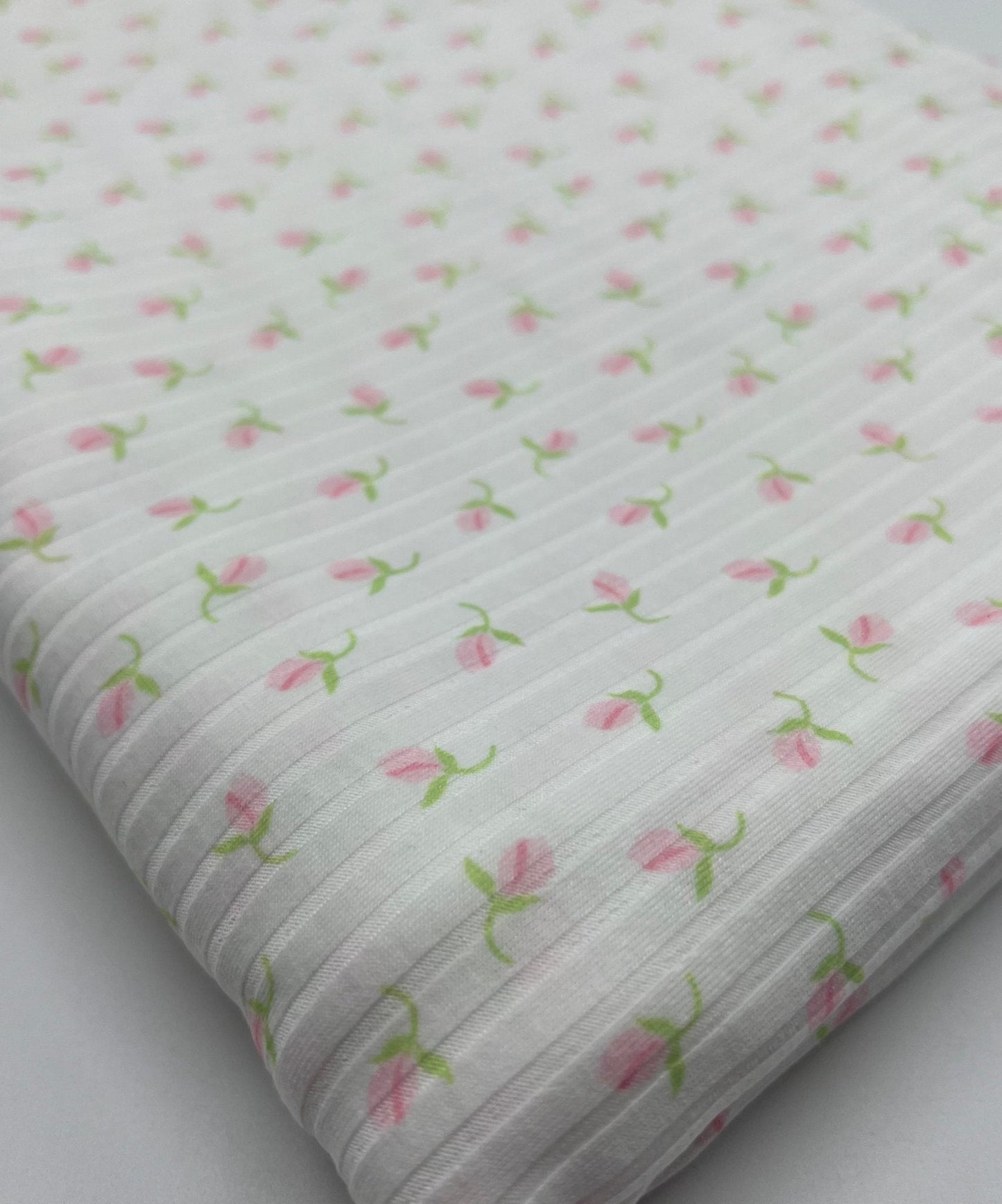 Ivory Green Pink Floral Ditsy Print 8x4 Wide Rib Stretch Fabric