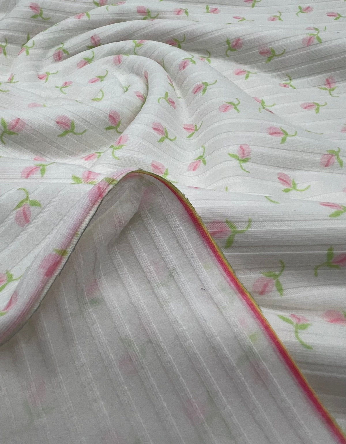 Ivory Green Pink Floral Ditsy Print 8x4 Wide Rib Stretch Fabric