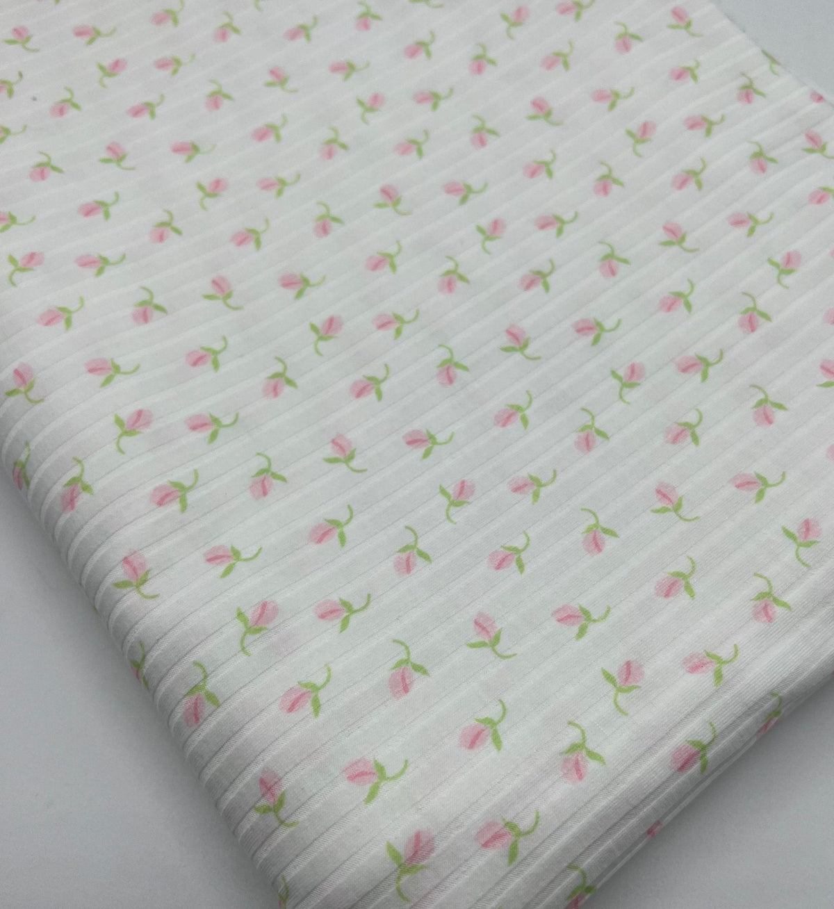 Ivory Green Pink Floral Ditsy Print 8x4 Wide Rib Stretch Fabric