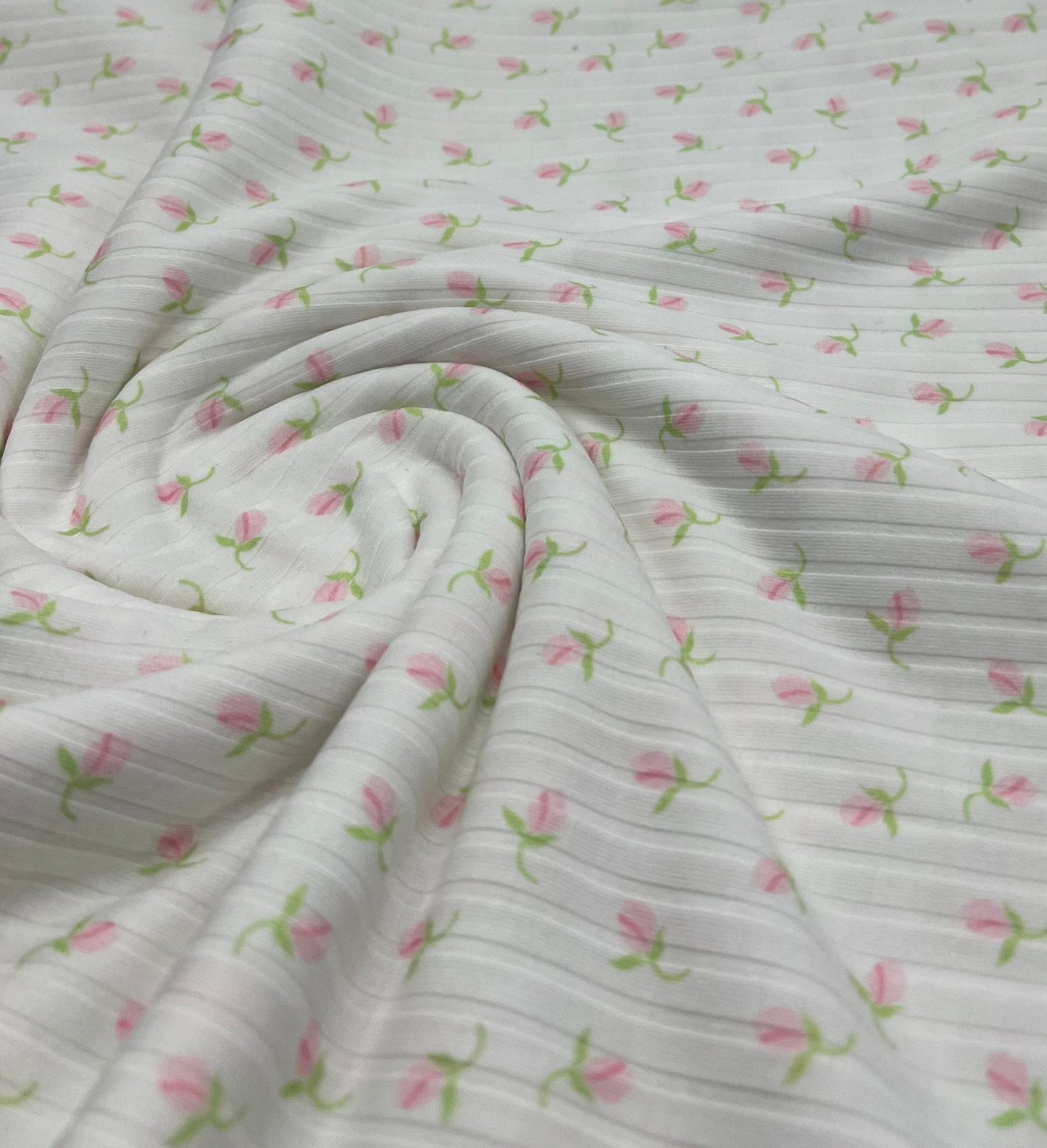 Ivory Green Pink Floral Ditsy Print 8x4 Wide Rib Stretch Fabric
