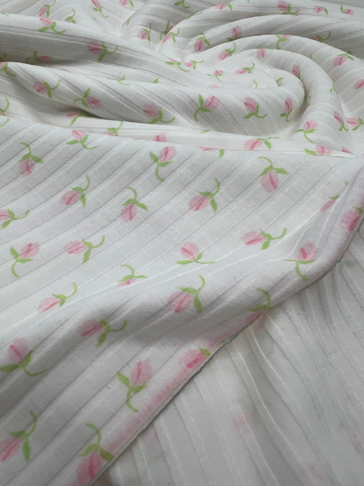 Ivory Green Pink Floral Ditsy Print 8x4 Wide Rib Stretch Fabric