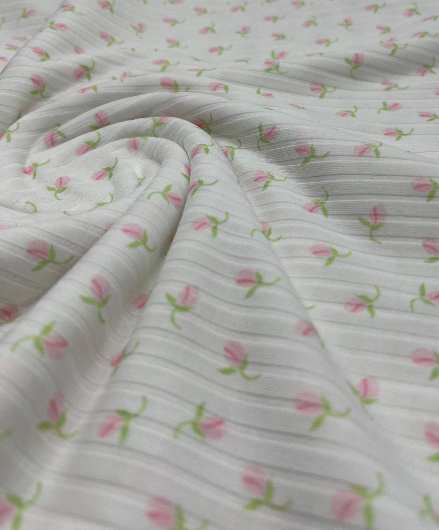 Ivory Green Pink Floral Ditsy Print 8x4 Wide Rib Stretch Fabric