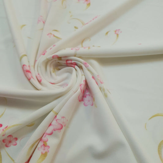 Ivory Pink Swirl Printed Scuba Crepe Jersey Fabric 4 Way Stretch
