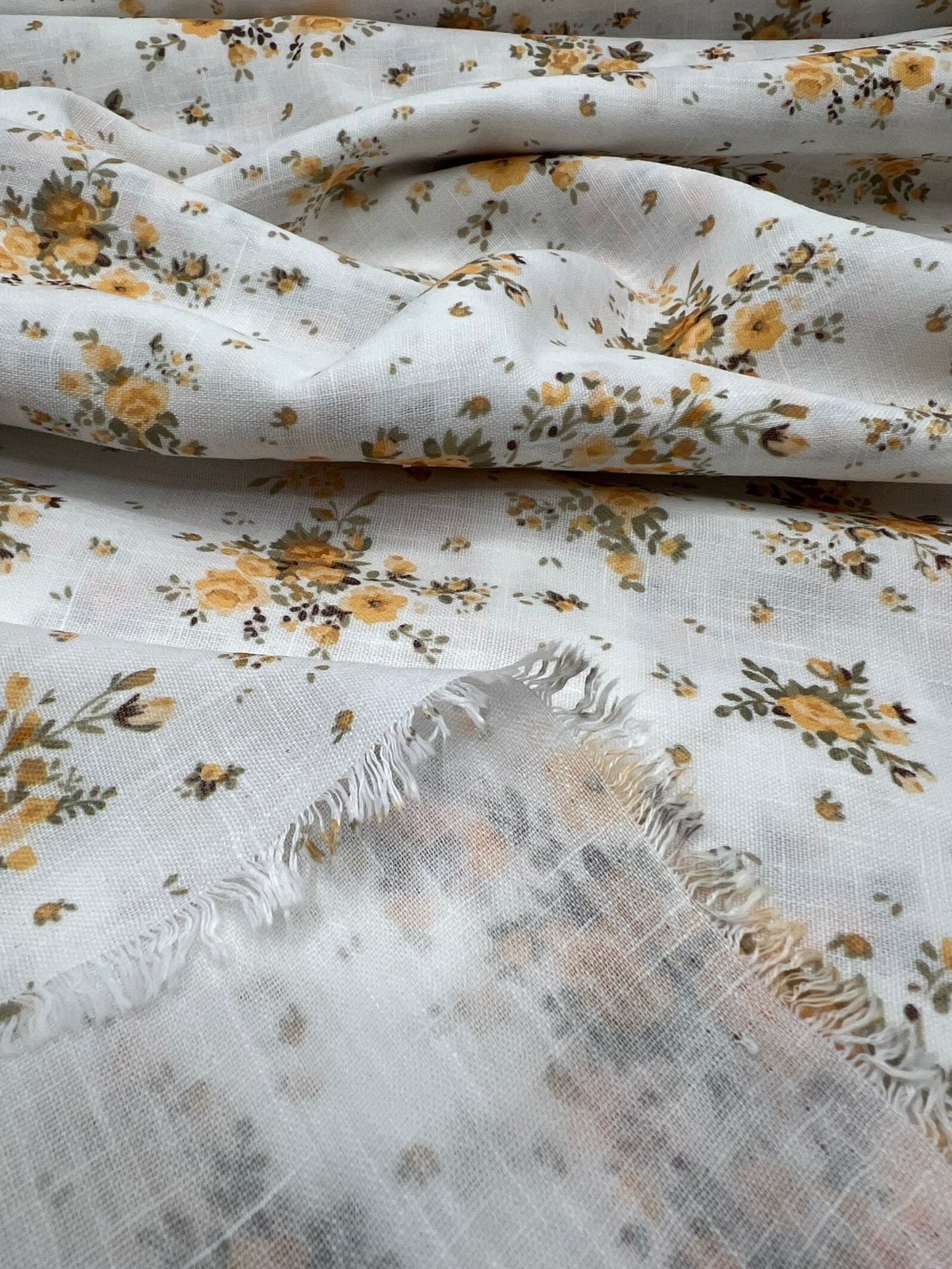 Ivory Yellow Floral Polyester Linen Non Stretch Fabric