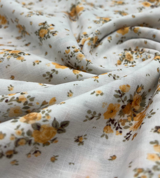 Ivory Yellow Floral Polyester Linen Non Stretch Fabric