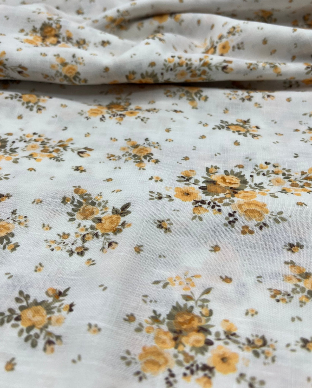Ivory Yellow Floral Polyester Linen Non Stretch Fabric