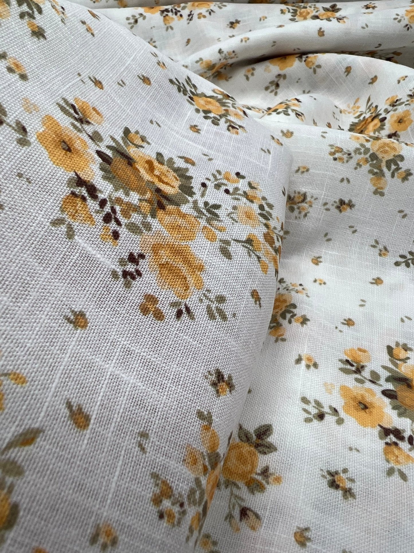 Ivory Yellow Floral Polyester Linen Non Stretch Fabric