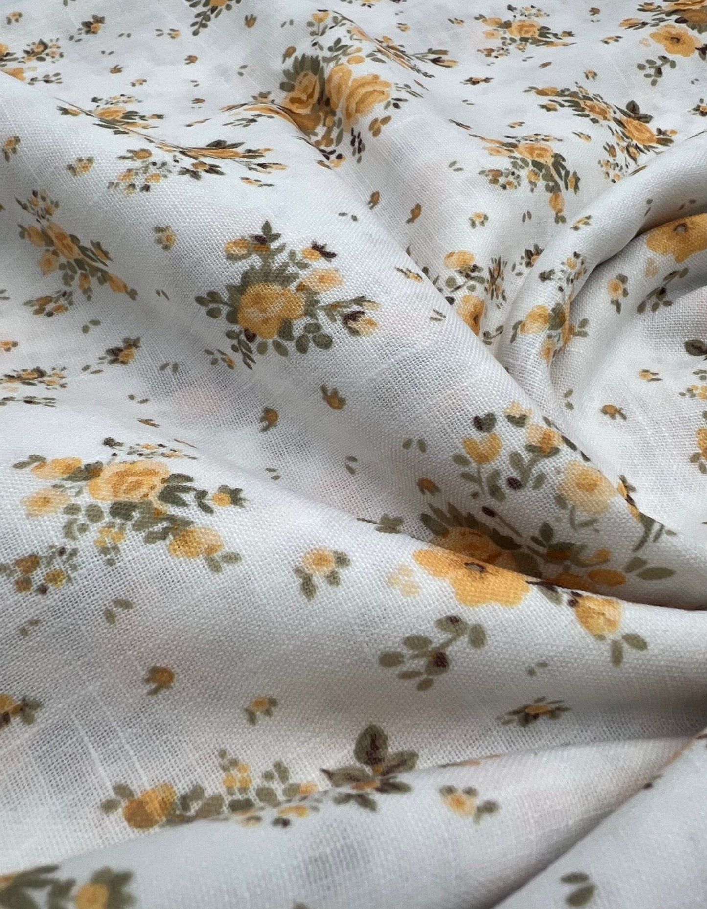 Ivory Yellow Floral Polyester Linen Non Stretch Fabric