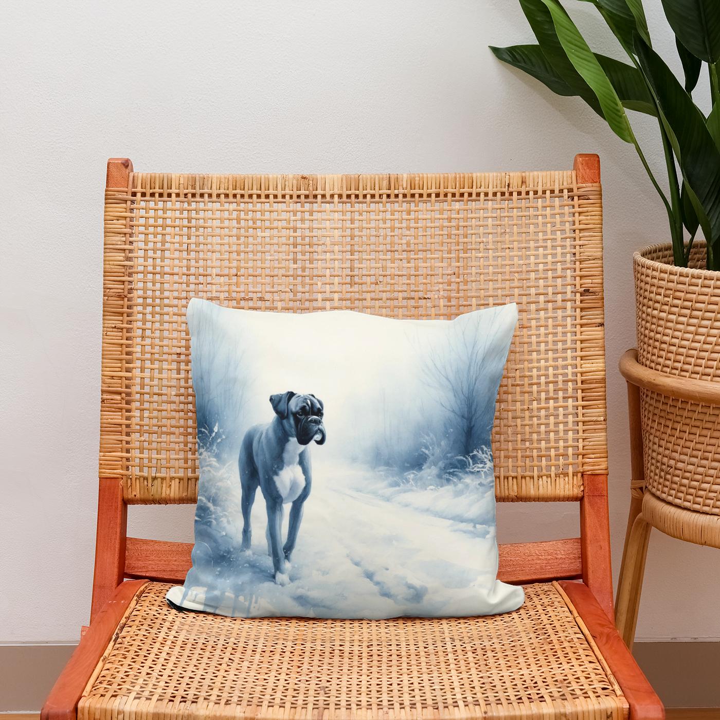 Boxer's Winter Walk Snowy Scene Cotton Cushion