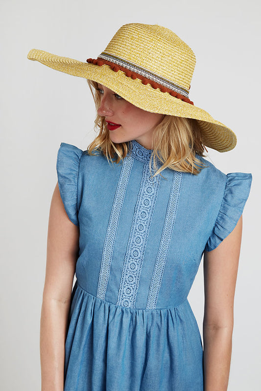 Louche January Large Brim Straw Hat With Pom Trim