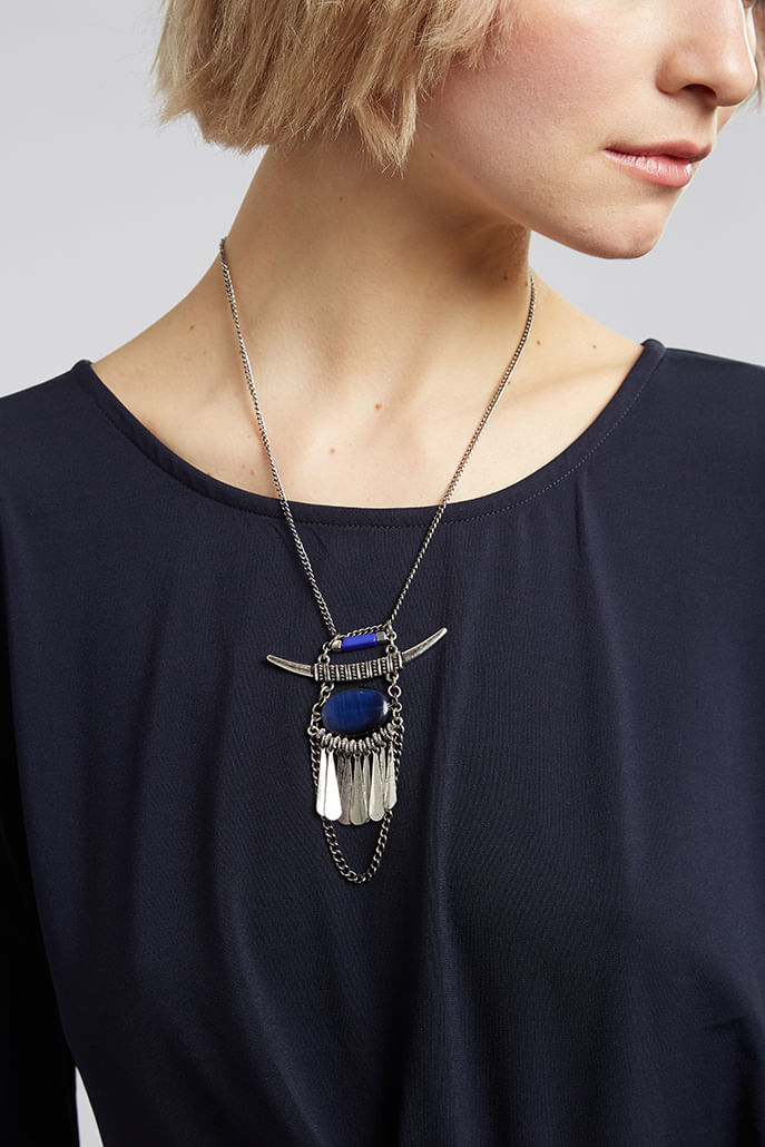 Sparrow Horn And Stone Necklace Silver