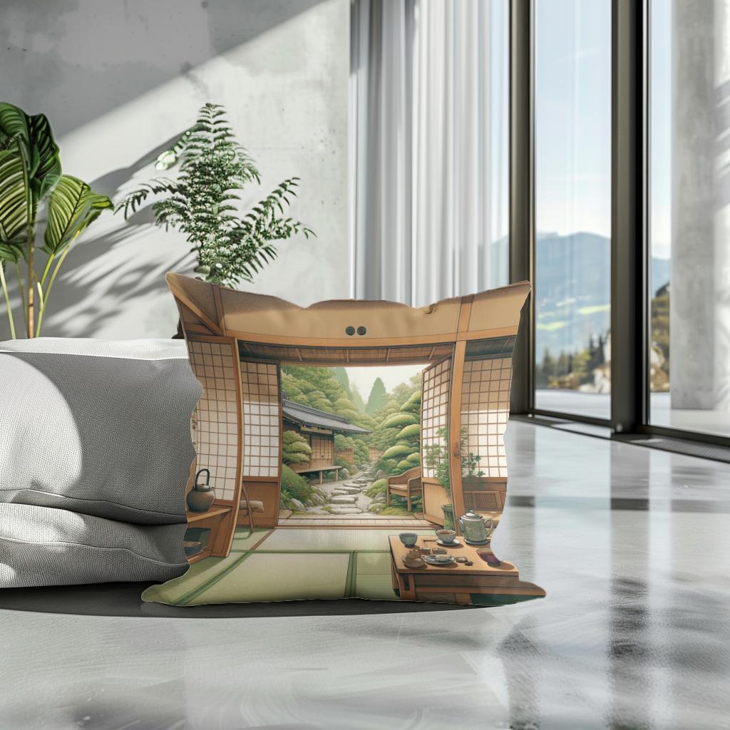 Serene Tea House Cotton Cushion