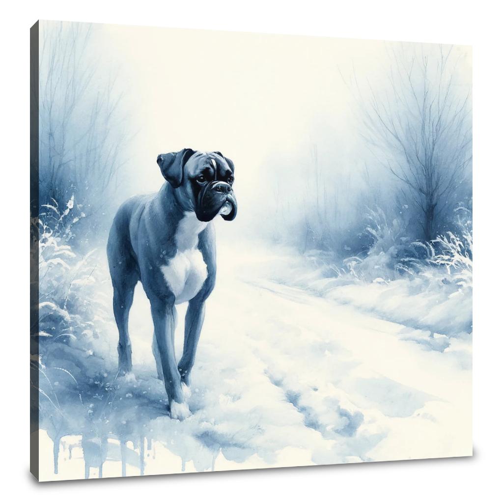 Boxer's Winter Walk Snowy Scene Canvas