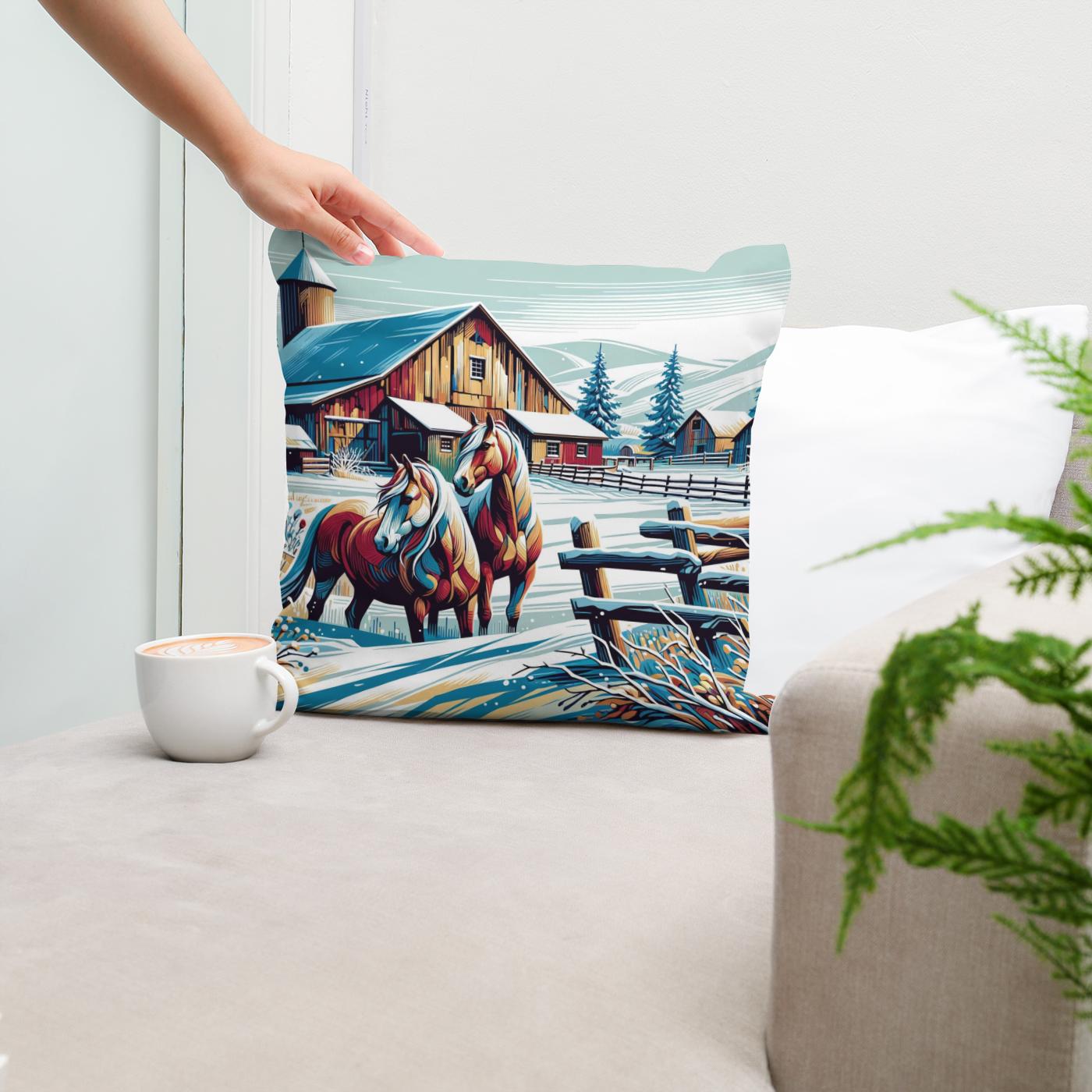 Whimsical Winter Farm Cotton Cushion