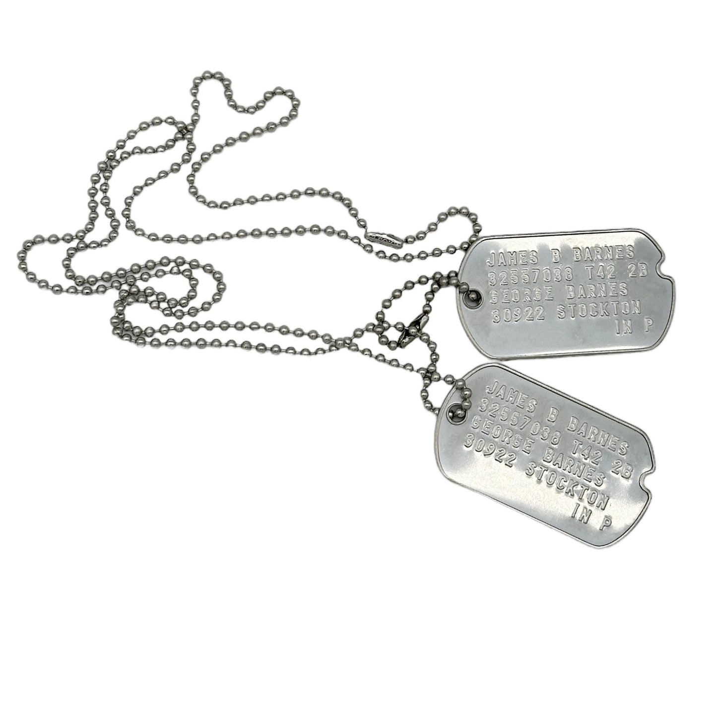 James 'Bucky' Barnes WWII Style Military Dog Tags Prop Replica - Notched pre 1965 WW2 - Stainless Steel - Chain Included